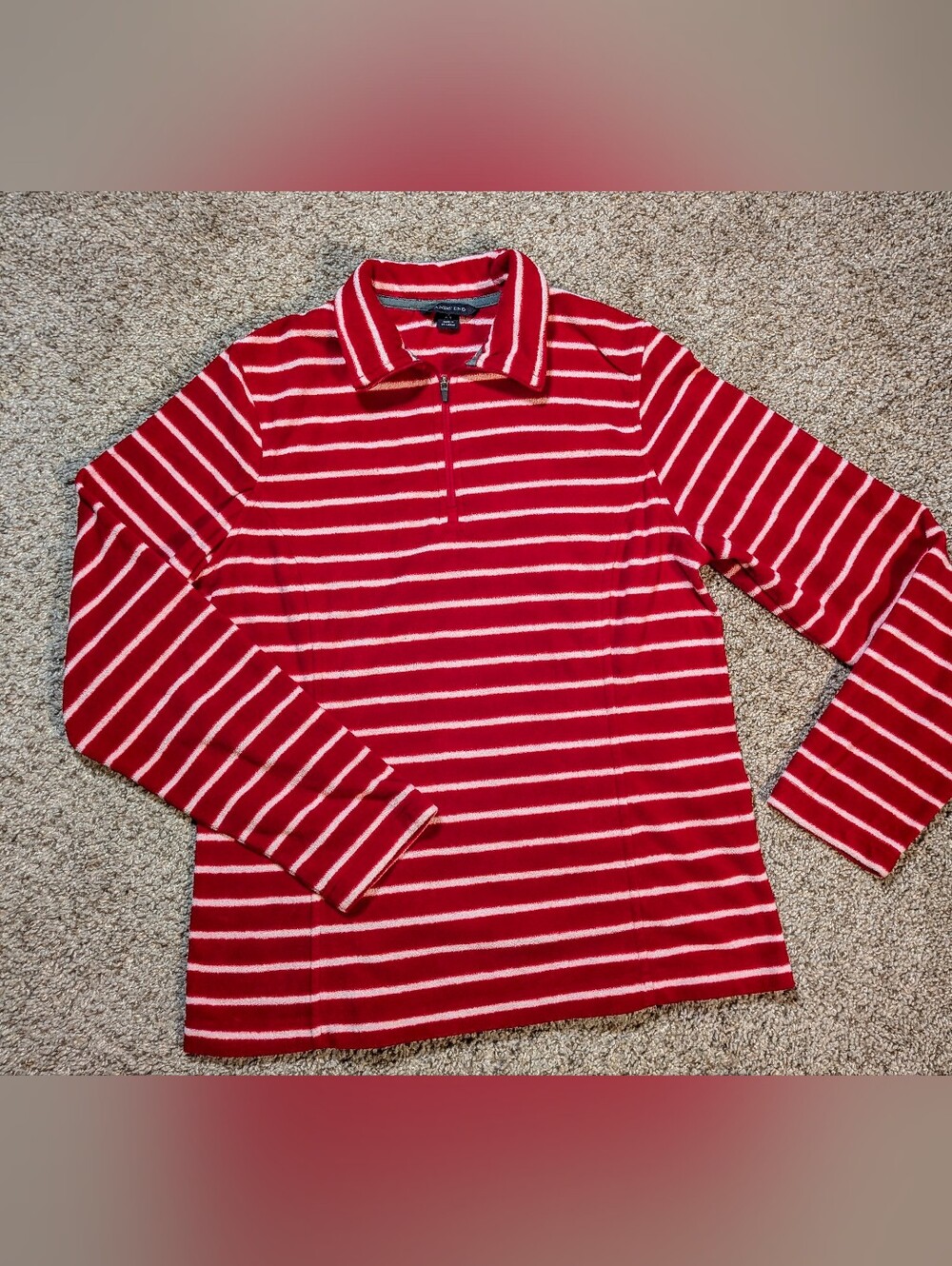 Lands' End red and white striped quarter-zip pullover fleece sweater